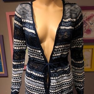 Almost Famous Blue/White Pattern Crochet Cardigan